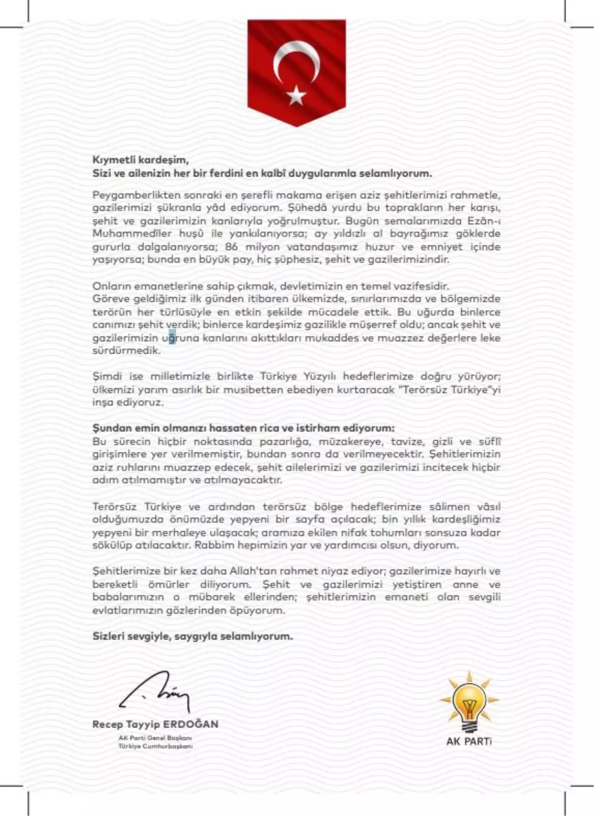 cumhurbaskani erdogandan sehit ve gazi ailelerine mektup tRxust29